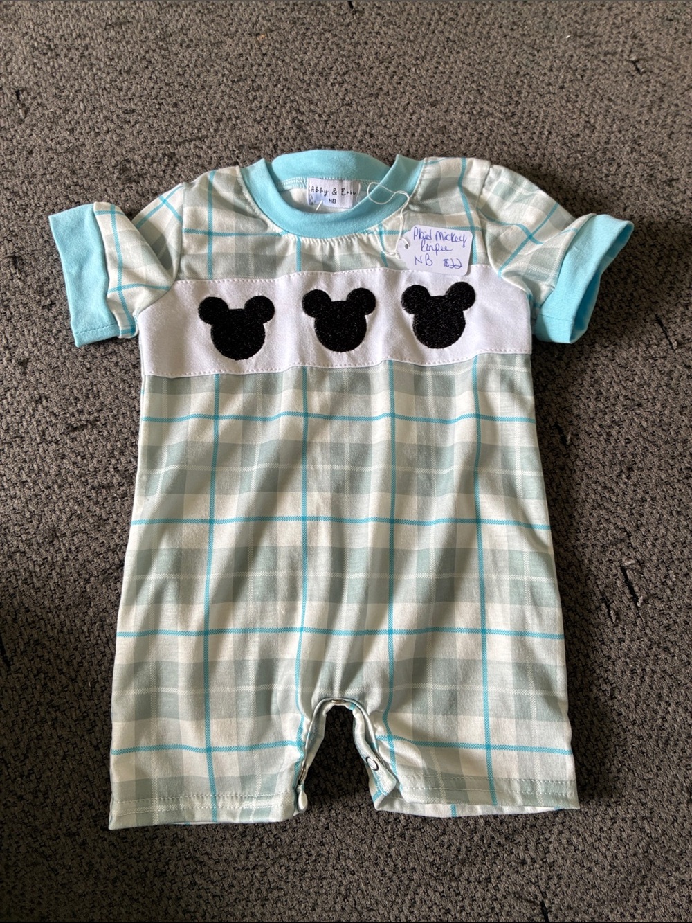 Plaid Light Blue & White Babysuit with Black Appliqué - Unbranded
